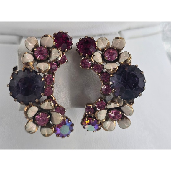 Albert Weiss Vintage Pink Purple Rhinestone Brooch & Clip Earrings Set Signed - Picture 4 of 10